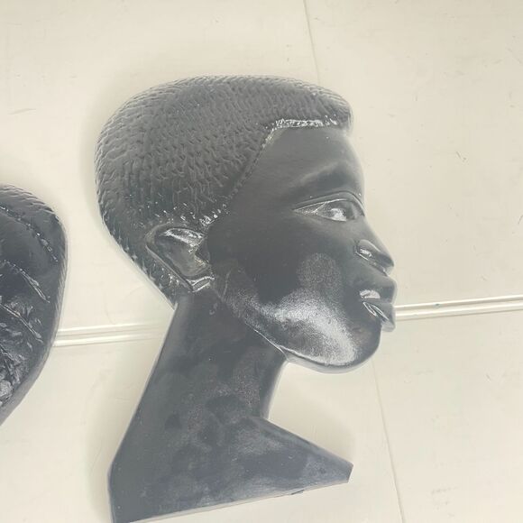 African Wall Art Carved Wood Painted‎ Black 7"x4" Ethnic Tribal Sculpture Busts - Picture 6 of 9